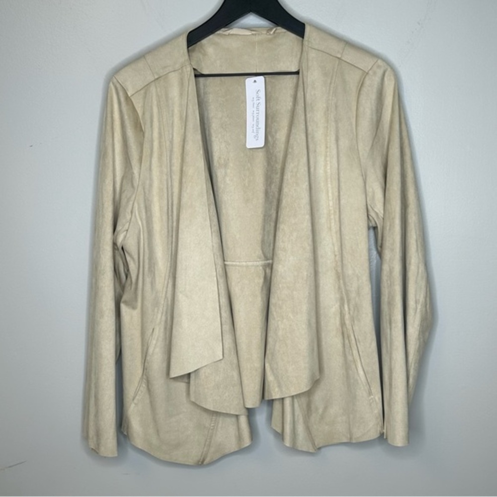 Soft Surroundings Viviana Faux Suede Beige Waterfall Open Cardigan Size L NWT